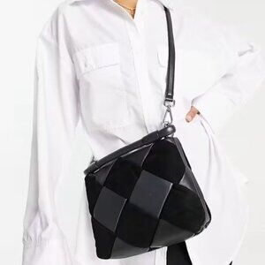 & Other Stories Black Braided Leather Suede Silver Hardware Top Handle Crossbody